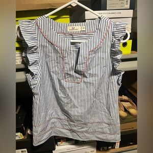 Vineyard Vines Blue & White Striped Ruffle Sleeve Blouse w/ Red/White Piping XS